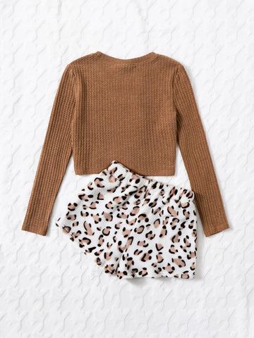 Girls Solid Waffle Knit Tee & Leopard Shorts