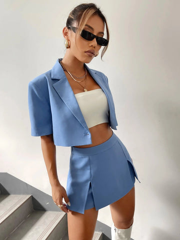 EZwear Single Button Crop Blazer & Split Hem Skort