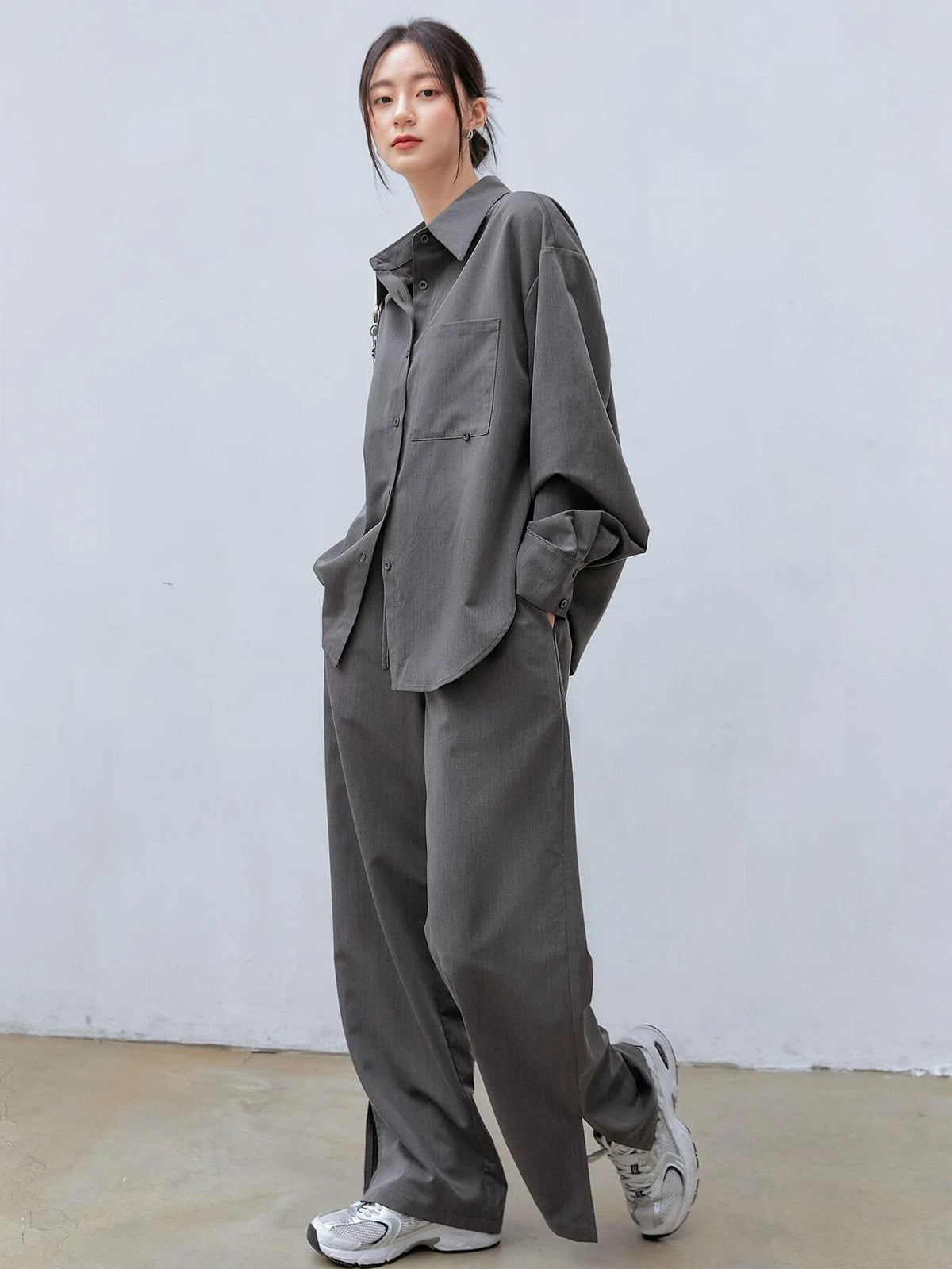 Dazy-Less Solid Button Front Drop Shoulder Shirt & Split Hem Pants