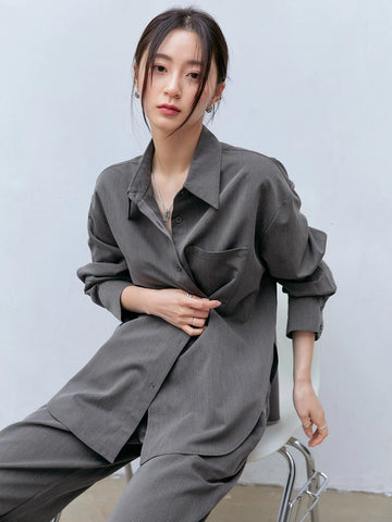 Dazy-Less Solid Button Front Drop Shoulder Shirt & Split Hem Pants
