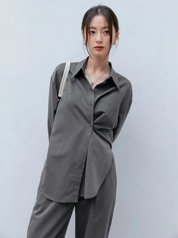 Dazy-Less Solid Button Front Drop Shoulder Shirt & Split Hem Pants