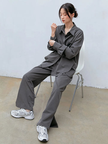 Dazy-Less Solid Button Front Drop Shoulder Shirt & Split Hem Pants