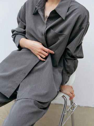 Dazy-Less Solid Button Front Drop Shoulder Shirt & Split Hem Pants