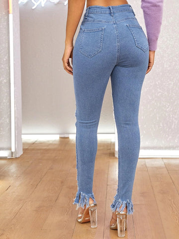 Cut Out Ripped Frayed Hem Skinny Jeans