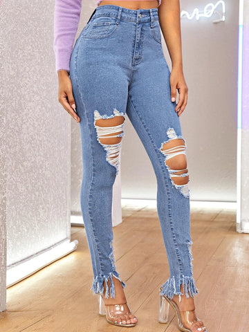 Cut Out Ripped Frayed Hem Skinny Jeans