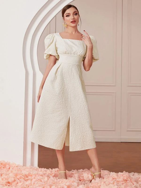 Square Neck Puff Sleeve Split Hem Dress