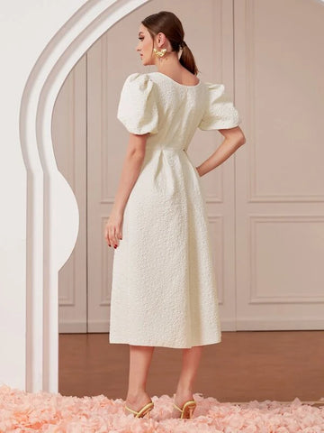 Square Neck Puff Sleeve Split Hem Dress