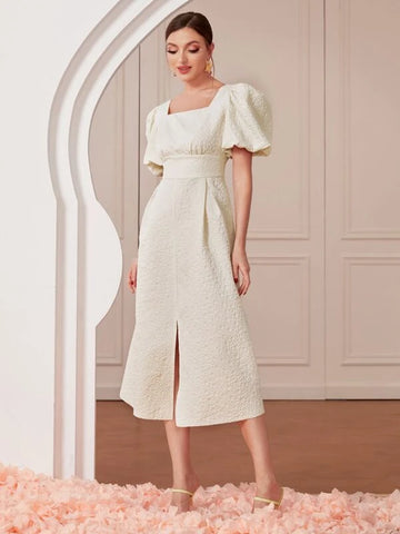 Square Neck Puff Sleeve Split Hem Dress