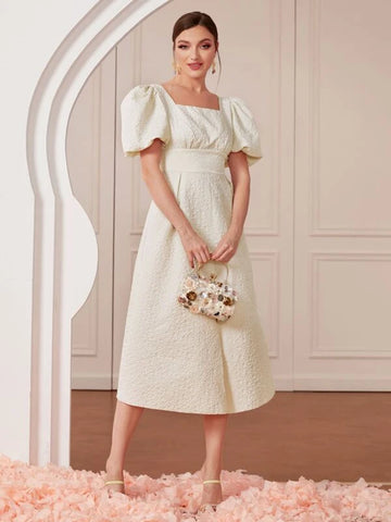 Square Neck Puff Sleeve Split Hem Dress