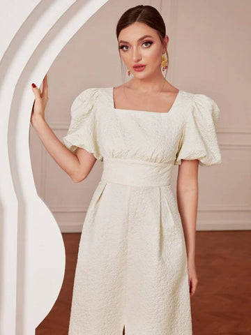 Square Neck Puff Sleeve Split Hem Dress