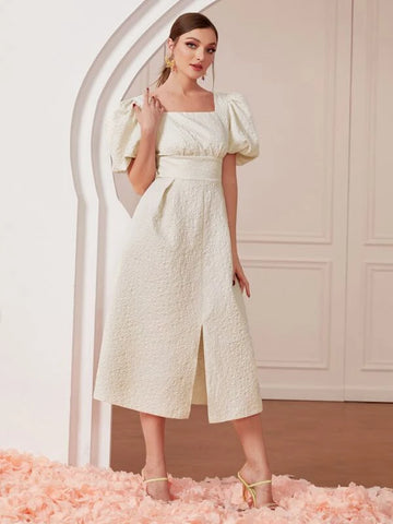 Square Neck Puff Sleeve Split Hem Dress