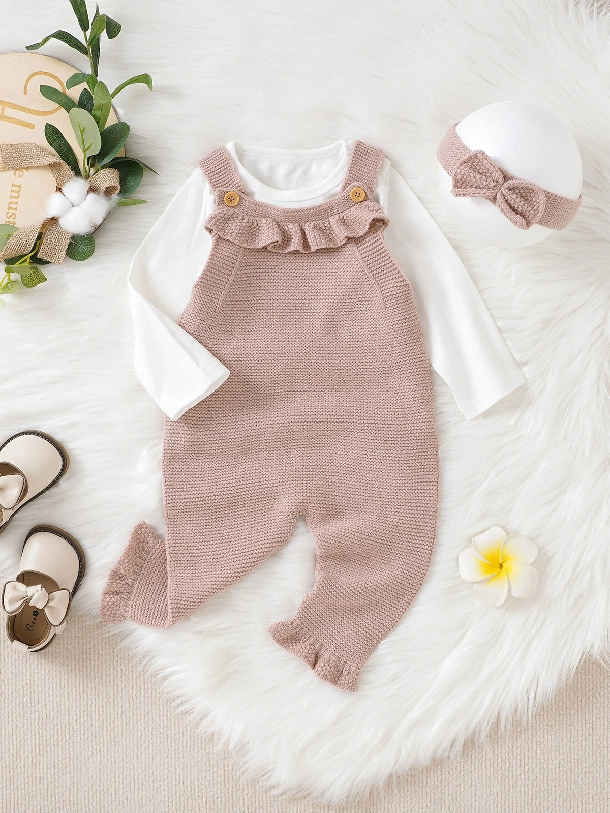 Baby Ruffle Trim Knit Jumpsuit & Headband Without Tee