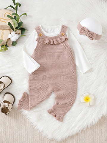 Baby Ruffle Trim Knit Jumpsuit & Headband Without Tee