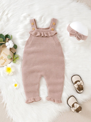 Baby Ruffle Trim Knit Jumpsuit & Headband Without Tee