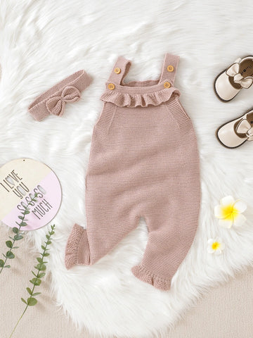 Baby Ruffle Trim Knit Jumpsuit & Headband Without Tee