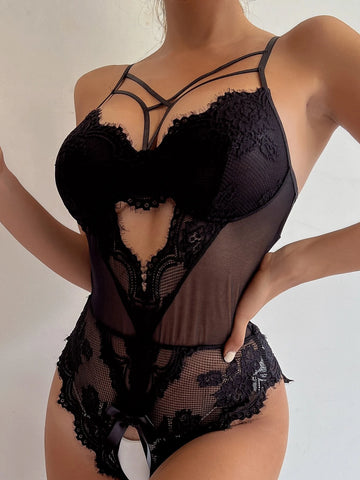 Floral Lace Harness Crotchless Teddy Bodysuit
