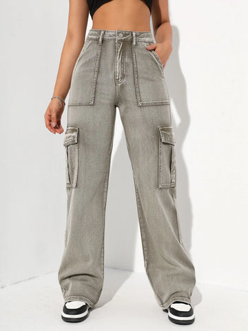 High Waisted Flap Pocket Cargo Jeans