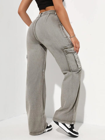 High Waisted Flap Pocket Cargo Jeans