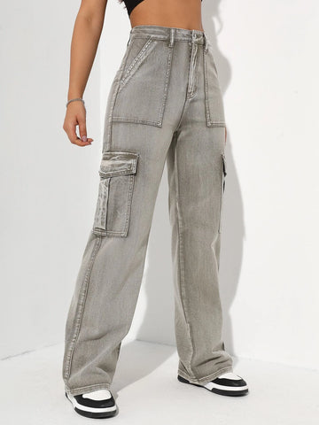 High Waisted Flap Pocket Cargo Jeans