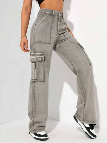 High Waisted Flap Pocket Cargo Jeans