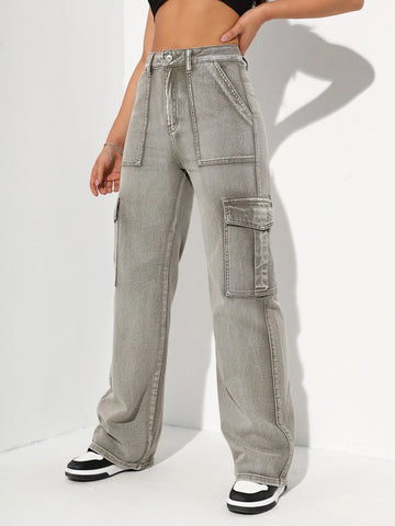 High Waisted Flap Pocket Cargo Jeans