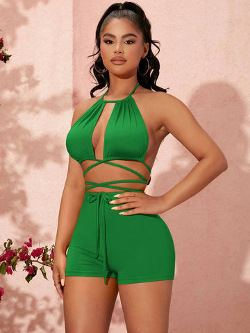 Tie Backless Crisscross Hem Crop Halter Top & Biker Shorts Set