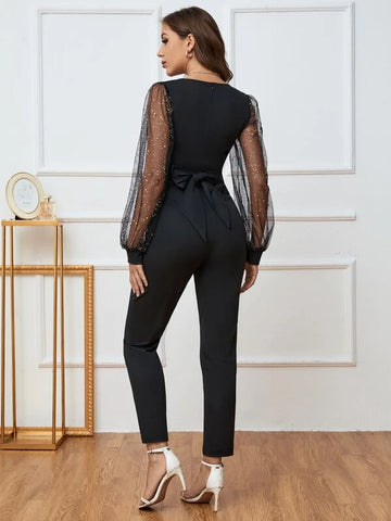 Mesh Insert Lantern Sleeve Tie Back Jumpsuit