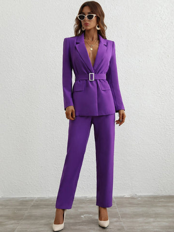 Single Button Belted Blazer & Tailored Pants