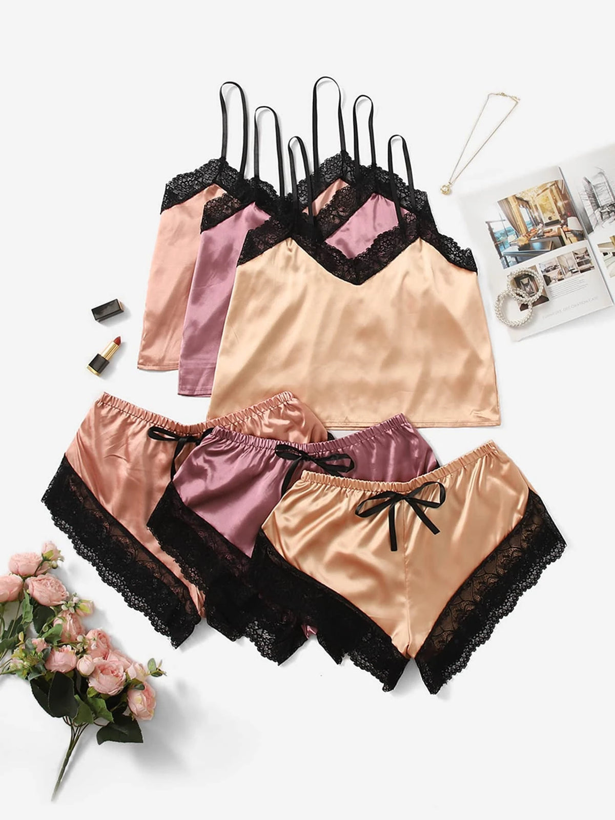 3sets Satin Contrast Lace Lingerie Set