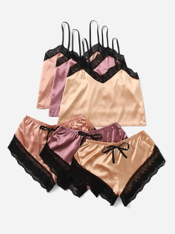 3sets Satin Contrast Lace Lingerie Set