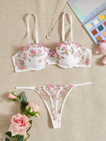 Floral Embroidery Underwire Lingerie Set