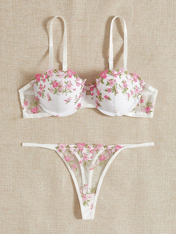 Floral Embroidery Underwire Lingerie Set