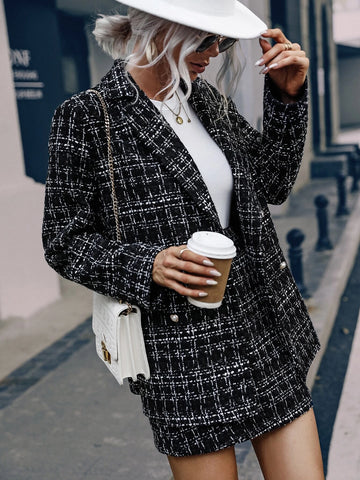 Plaid Print Double Breasted Blazer & Skirt