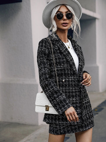 Plaid Print Double Breasted Blazer & Skirt