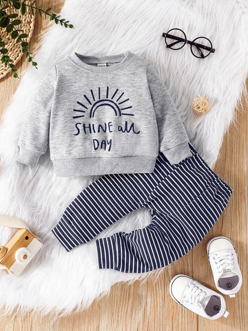 Baby Sun & Slogan Graphic Pullover & Striped Sweatpants