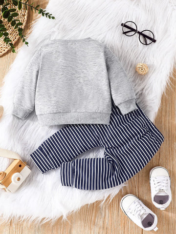 Baby Sun & Slogan Graphic Pullover & Striped Sweatpants