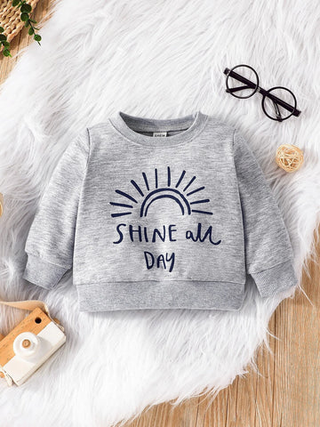 Baby Sun & Slogan Graphic Pullover & Striped Sweatpants