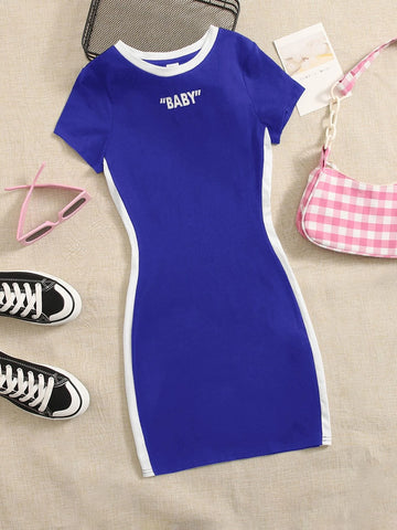 Teen Girls Letter Graphic Contrast Trim Dress