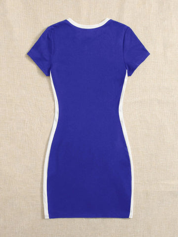 Teen Girls Letter Graphic Contrast Trim Dress