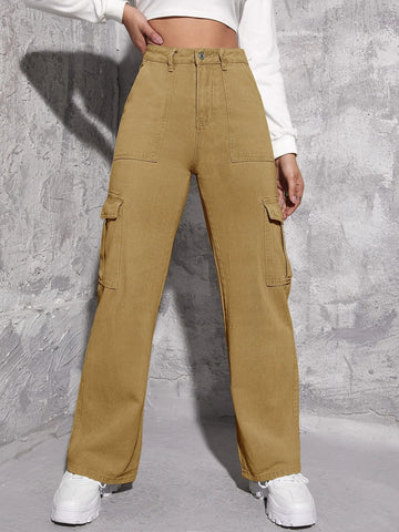 High Waisted Flap Pocket Cargo Jeans