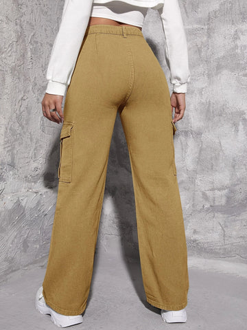 High Waisted Flap Pocket Cargo Jeans