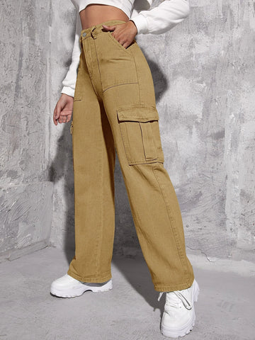 High Waisted Flap Pocket Cargo Jeans