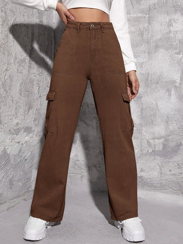 High Waisted Flap Pocket Cargo Jeans