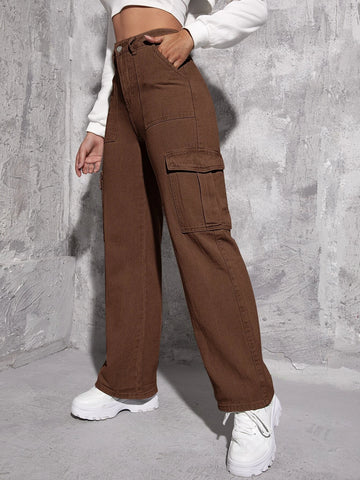 High Waisted Flap Pocket Cargo Jeans