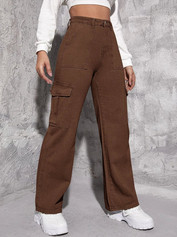 High Waisted Flap Pocket Cargo Jeans