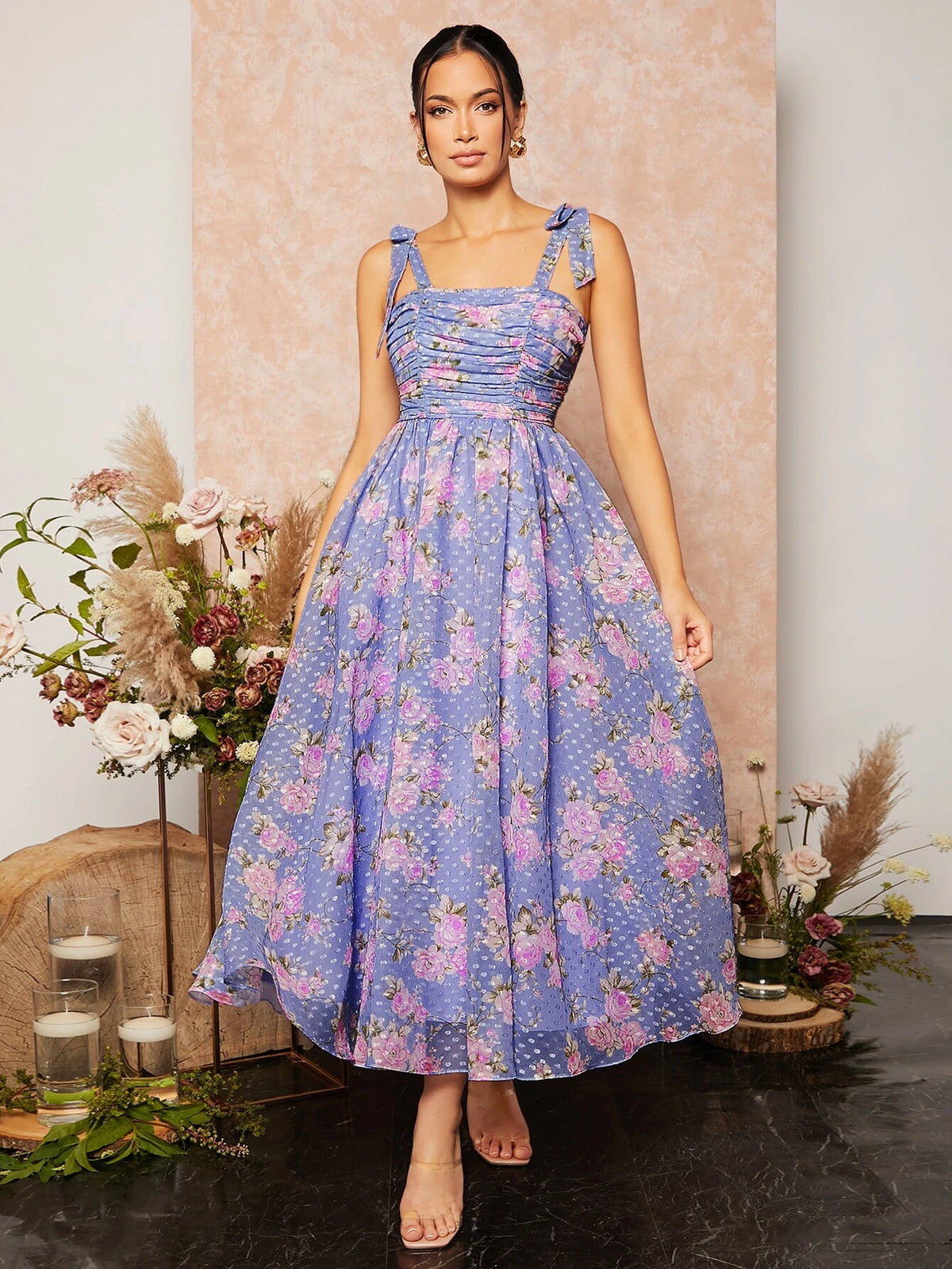 Floral Print Knotted Shoulder Ruched Cami Dress