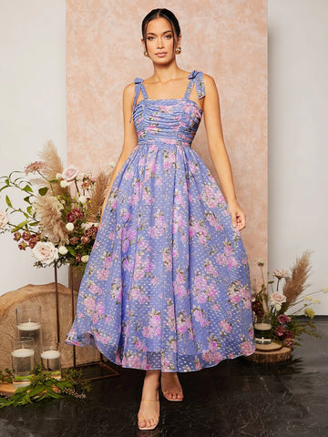 Floral Print Knotted Shoulder Ruched Cami Dress