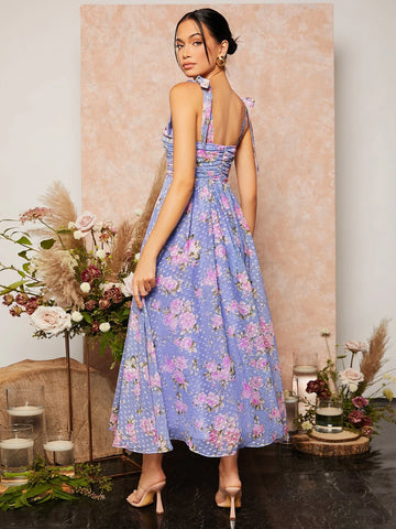 Floral Print Knotted Shoulder Ruched Cami Dress