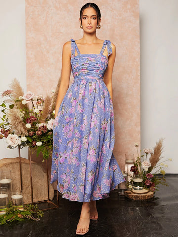 Floral Print Knotted Shoulder Ruched Cami Dress