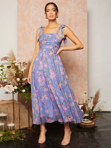 Floral Print Knotted Shoulder Ruched Cami Dress